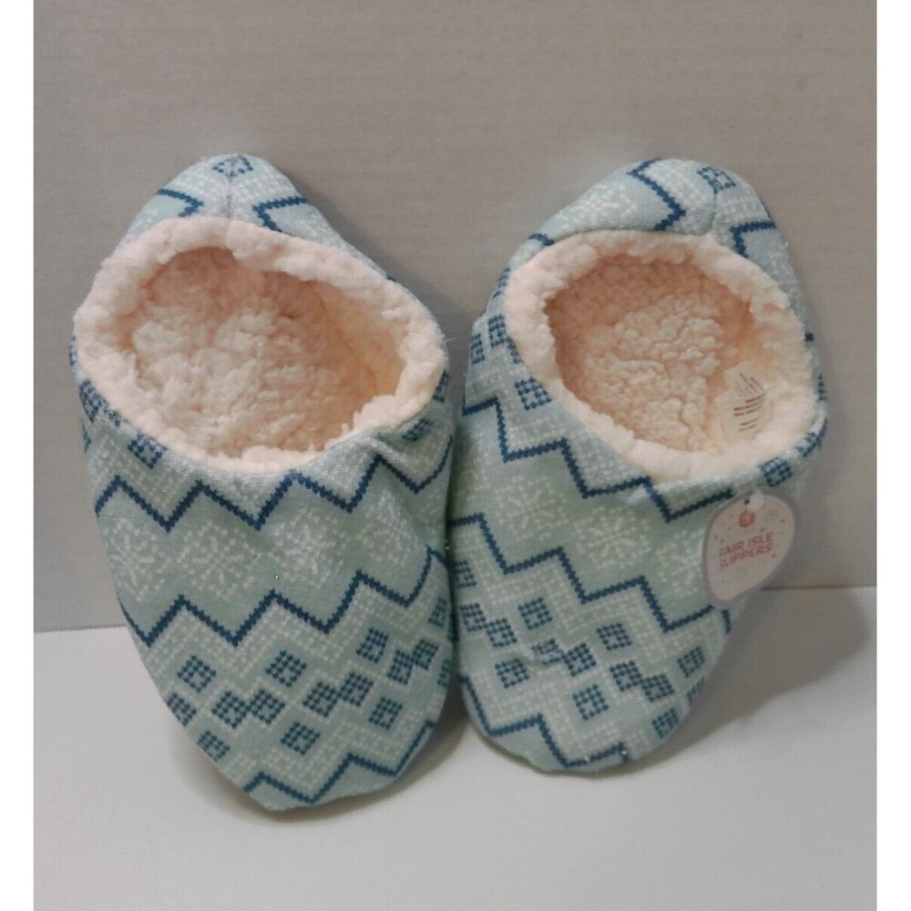 Fair Isle Slippers Blue Fuzzy Comfort Non-Skid Womens S/M
